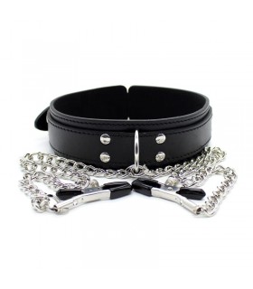 Collar con Pezoneras y Cadena de Metal Negro